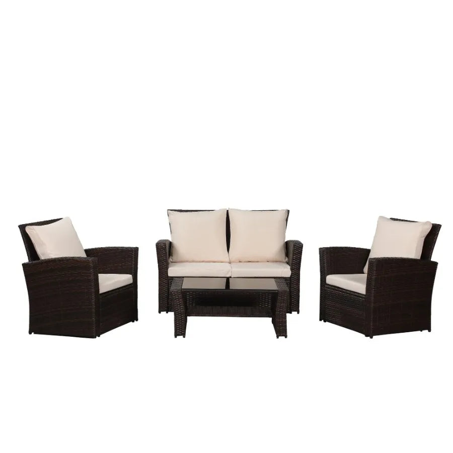 4Pieces Outdoor Patio Furniture Set PE Rattan Wicker with Brown