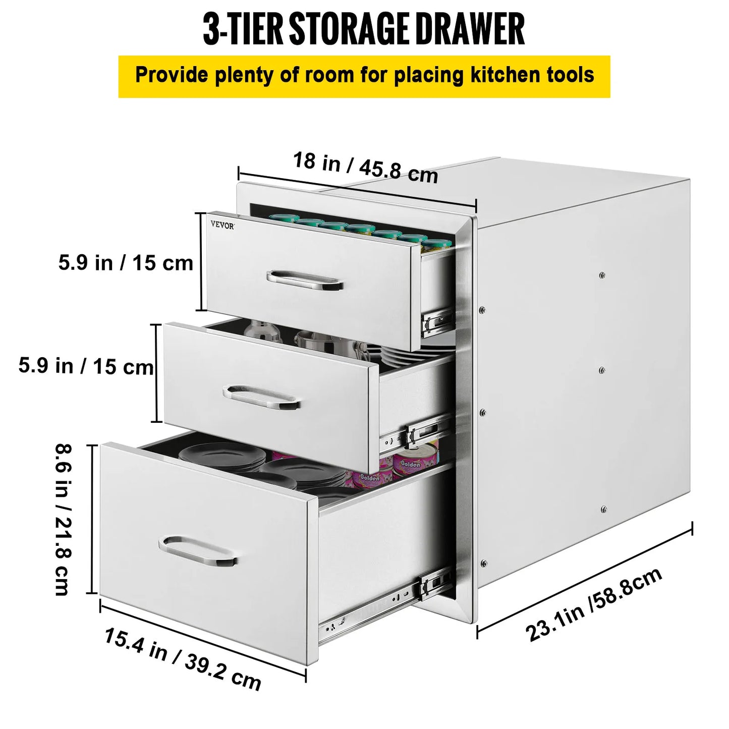 SucceBuy Stainless Steel Outdoor Kitchen Drawer With Handle Triple Layer for BBQ Island Grilling Cabinet Storing Cookware