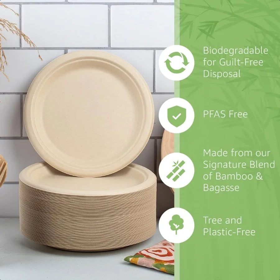 Paper Bamboo Plates Disposable 50Pack 9inch Sturdy and Microwave Safe Compostable Paper Plates Disposable Heavy Duty PFAS Free