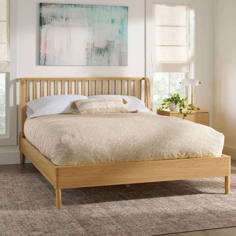Natural Pine Finish Queen Spindle Bed Durable Solid Wood Wingback Headboard Elevated Legs Stylish Bedroom Furniture Assembly