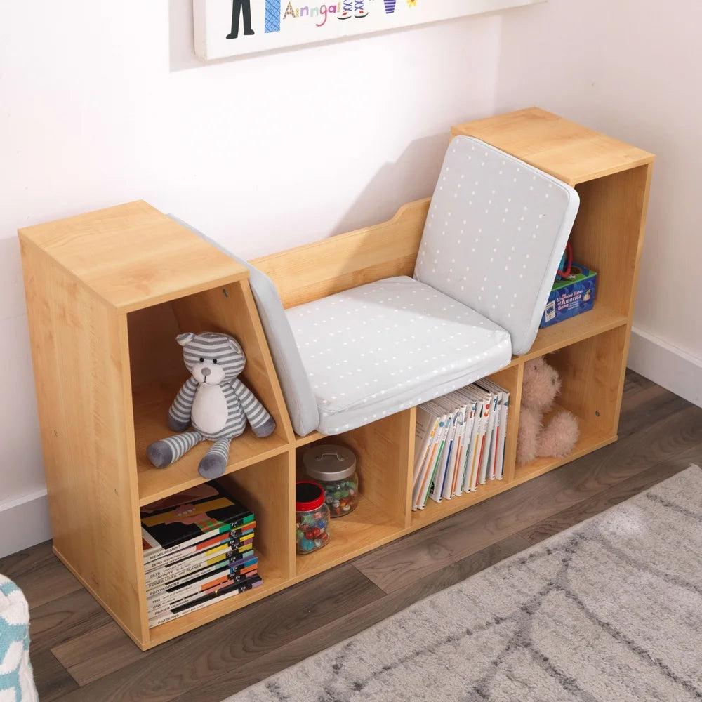 Bookcase with Reading Nook 6 Shelves Comfortable Cushions Kids Storage Space Toys Books Playroom Furniture Natural Finish