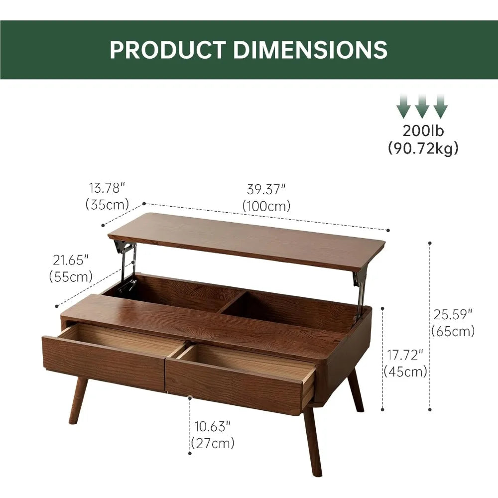 100% Solid Oak Wood Coffee Table, Lift Top Walnut Coffee Table with Drawers and Hidden Compartments, Rectangular Coffee Tables w