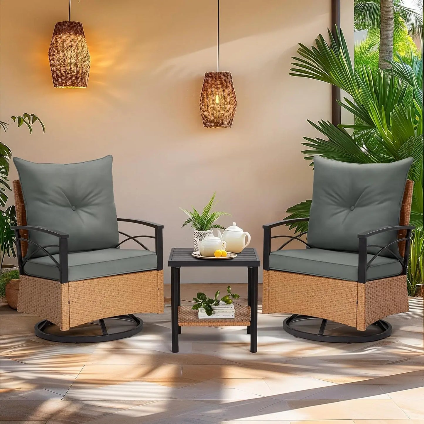 3 Pieces Patio Furniture Set, Outdoor Swivel Patio Rocker Chairs with Thick Cushions and 2-Tier Coffee Table
