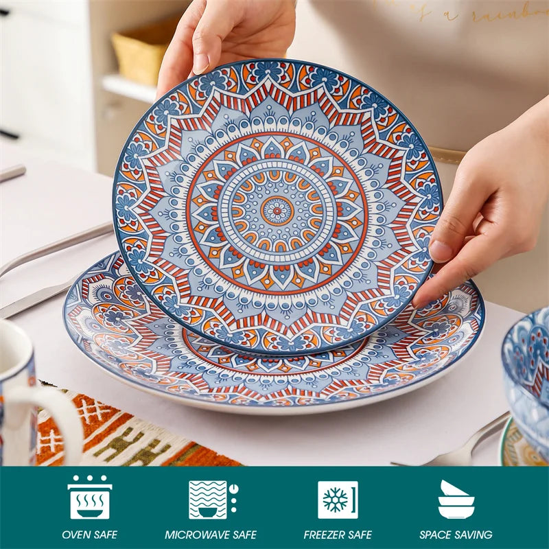 16Pcs Ceremic Plate Porcelain Dinnerware Set Bohemian Mandala Patterned with Dinner Plate,Dessert Plate,Bowl,Mug Tableware Set