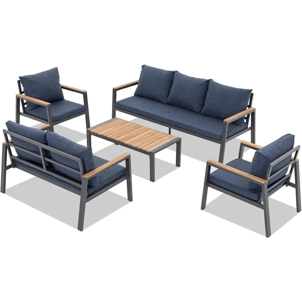 Aluminum Outdoor Furniture Set, 5 Pieces Patio Furniture Conversation Set with Teak Top Coffee Table, 7 Seats Patio Sectio
