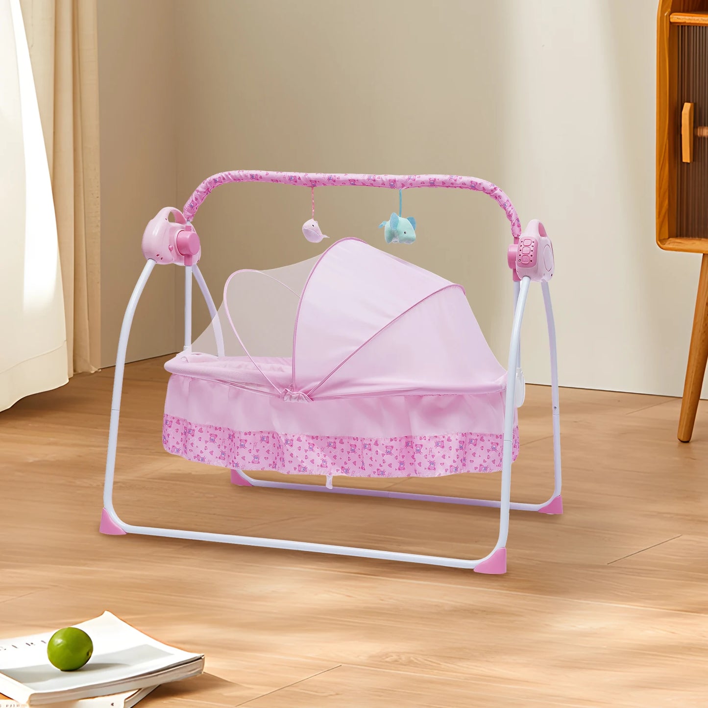 Baby swing with 12 songs, Bluetooth & USB connection, 5 swing speeds, foldable design, energy-saving timer, safety belt, and ant