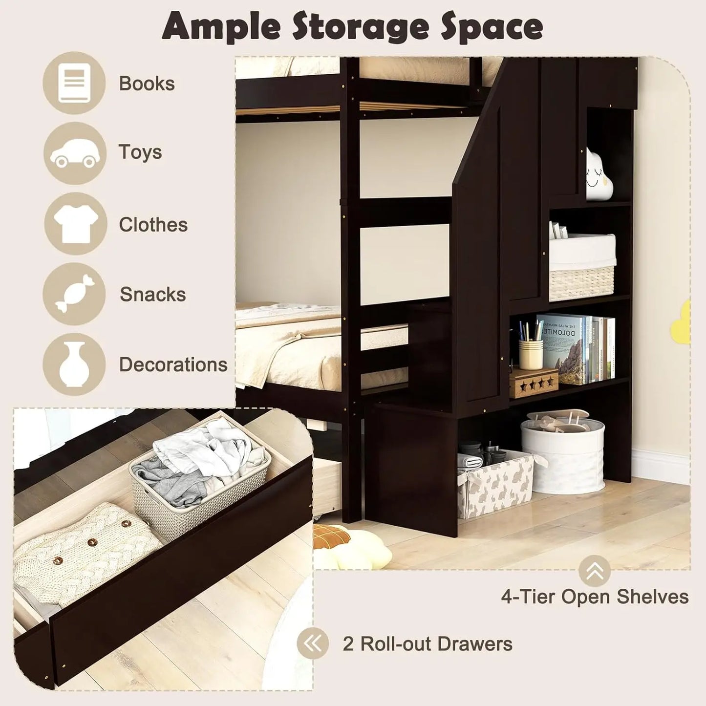 Wood Twin Over Twin Bunk Bed with 2 Storage Drawers & Stairs, Bunk Beds with Safety Guardrail & Shelves,