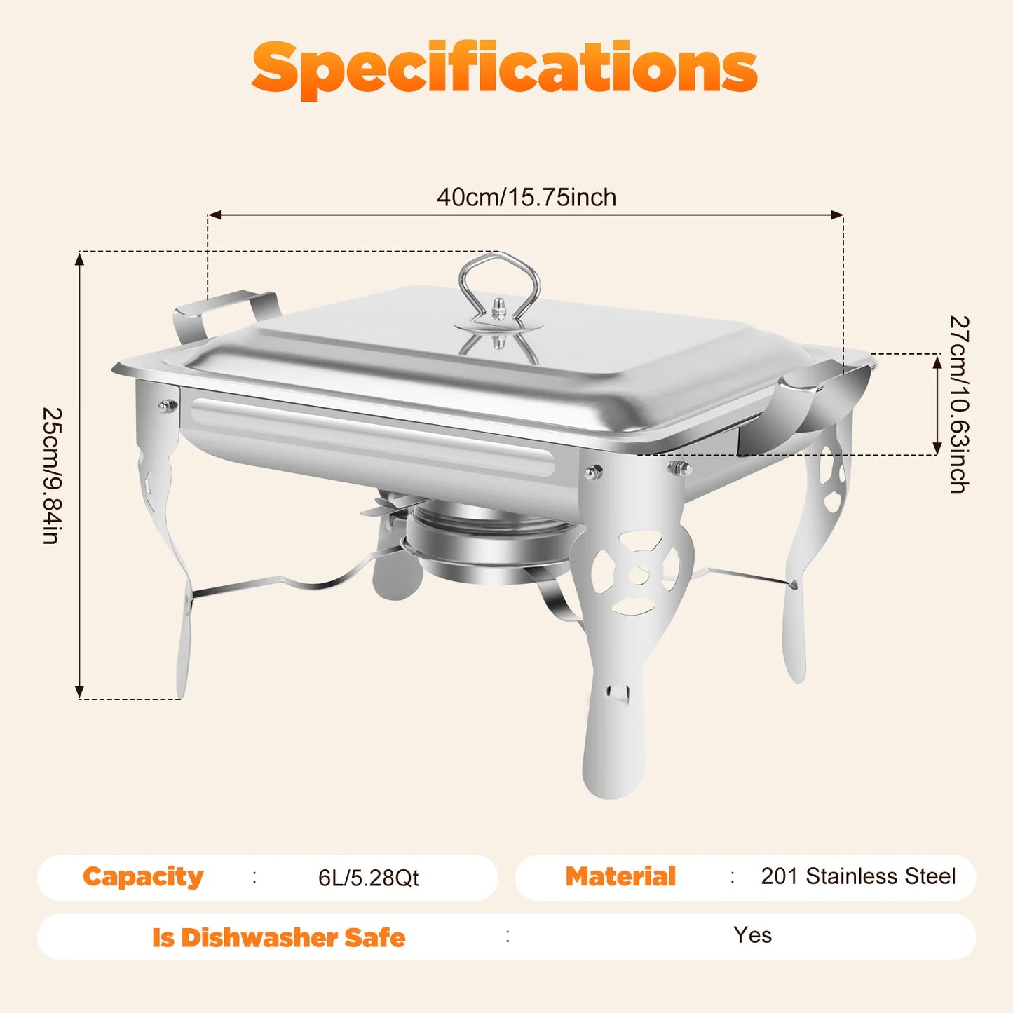 Chafing Dish Stainless Steel Food Warmer 6L/9L, Heat Container, Warming Device for Chafing, Large Kitchen, Catering, Buffet