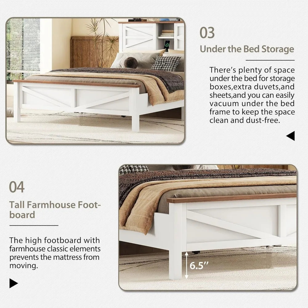 3-Pieces Bedroom Sets Queen Size Farmhouse Platform Bed with Double Sliding Door Storage Headboard, Storage Nightstand and Dress