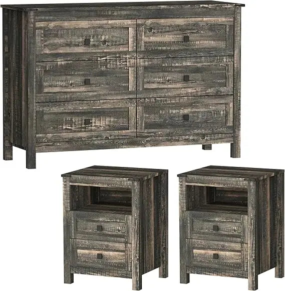Farmhouse Bedroom Set, 3 Pieces Bedroom Furniture Set, Rustic Wood 6 Drawer Dresser and Nightstands, Chest of Drawers Wide Stora
