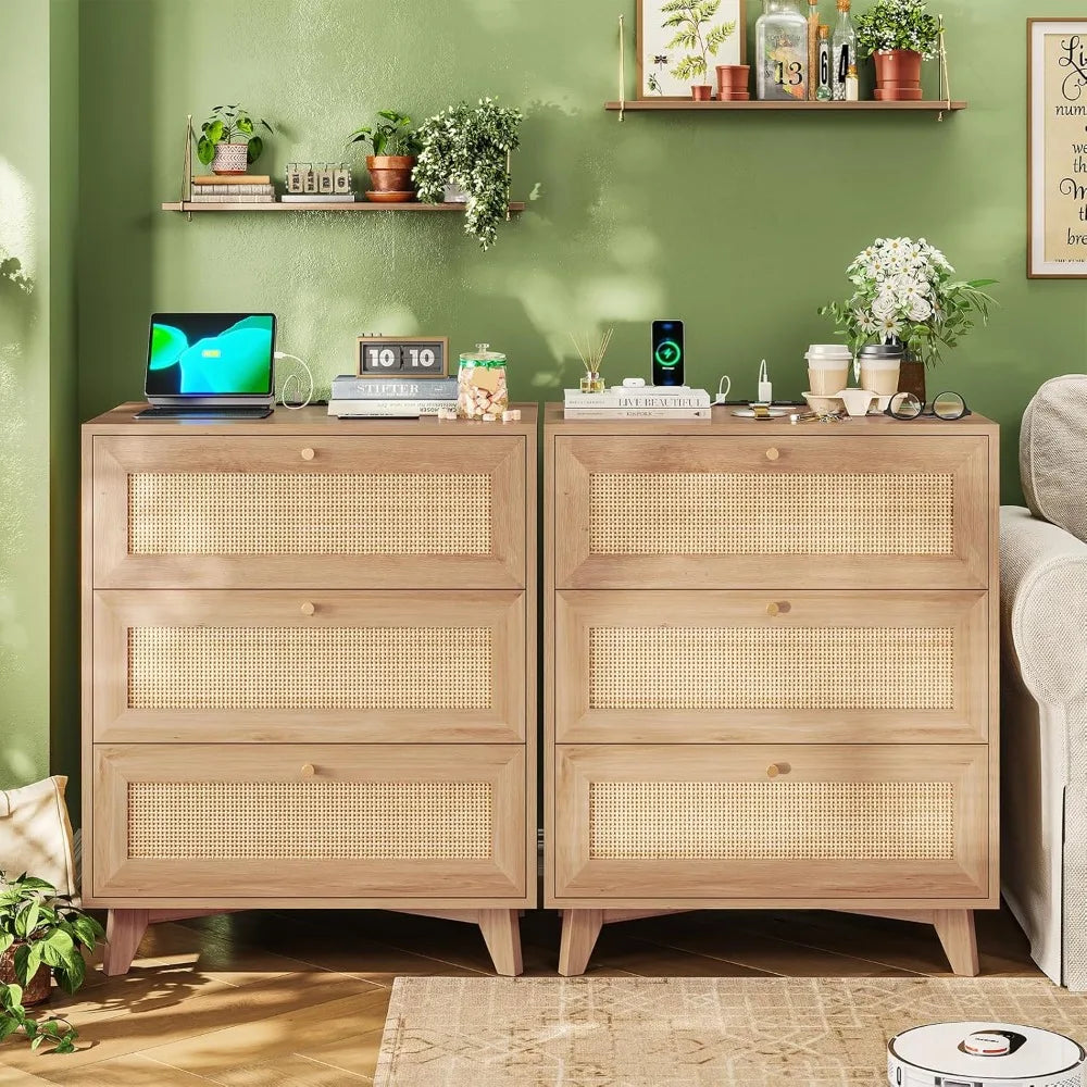 Rattan Nightstand with Charging Station, Night Stand with 3 Drawers and 2 USB Ports and 2 AC Outlets, Rattan Bedside Table