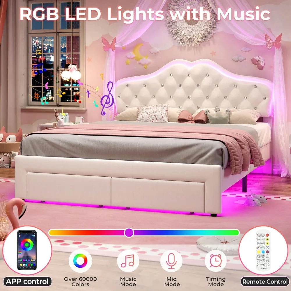 Full Size Girl Bed with 2 Storage Drawers & LED Lights, Upholstered Platform Bed, Adjustable Headboard with Velvet Crystal Butto