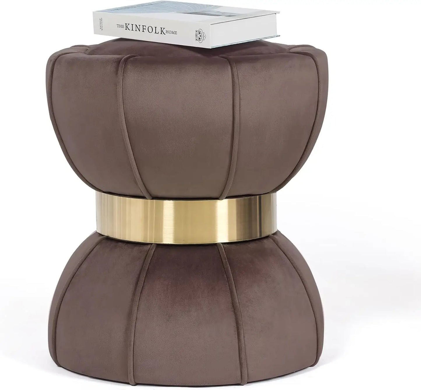 Huanzhuang Round Velvet Ottoman With Metal Band Home Decor