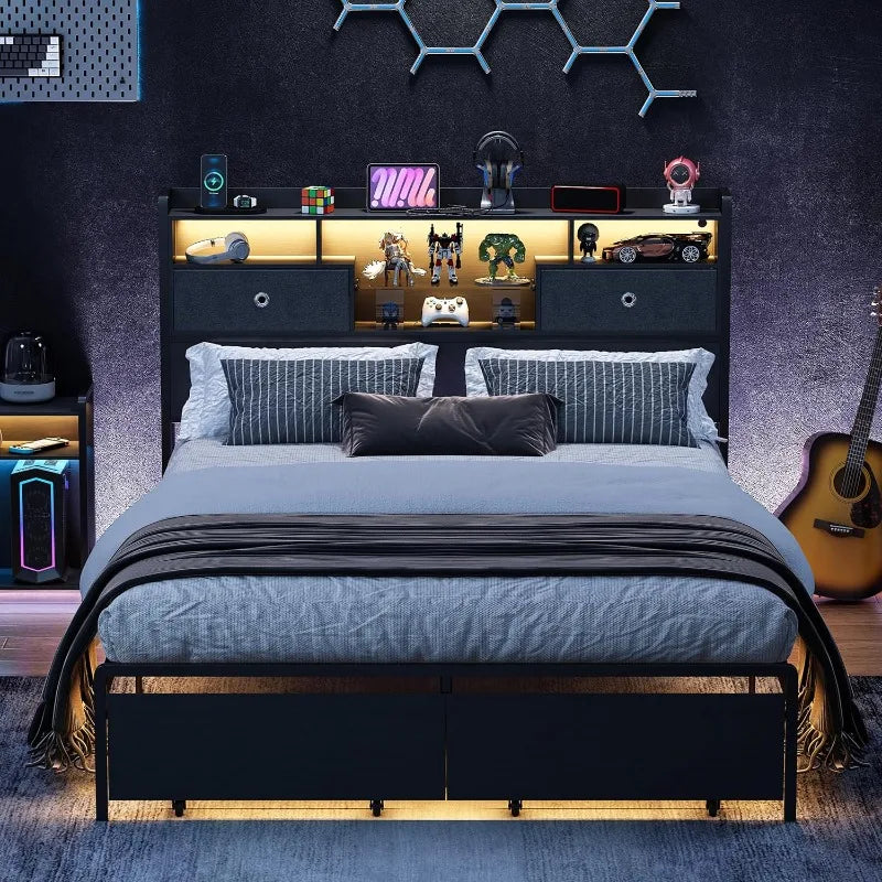 Full Size Bed Frame Full Size 3-Tier Storage Headboard, 2 Storage Baskets, LED, Charging Station No Box Spring Needed (Full)