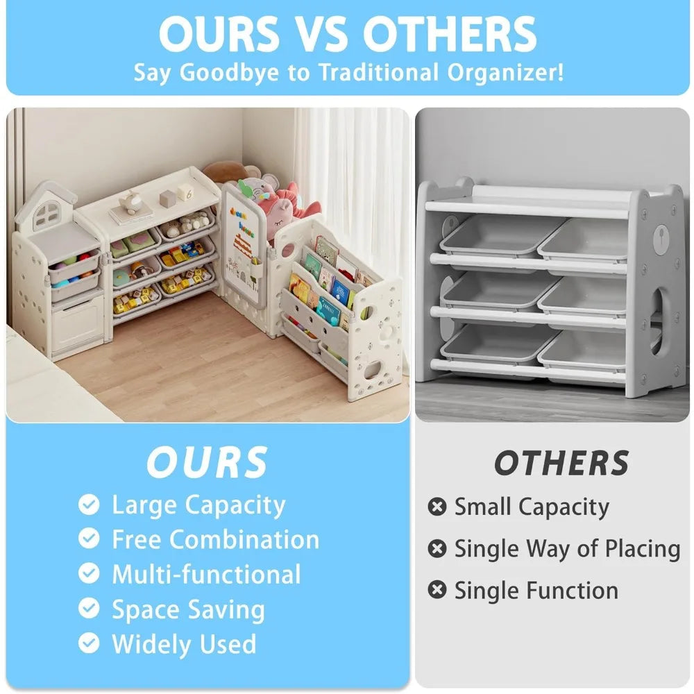 Foldable Kids Toy Storage Organizer with 10 Removable Bins and 3-Tier Bookshelf, 4 in 1 Multifunctional Large Toy Organizer with