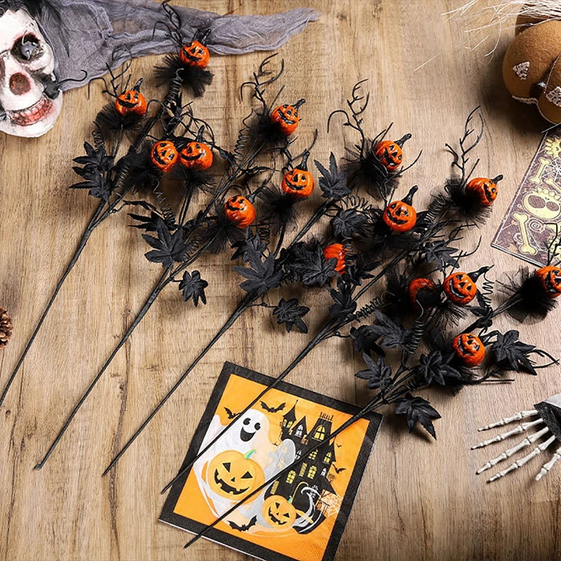1/3/5pcs Halloween Decorations, 18.5Inch Artificial Pumpkin Maple Leaf Floral Stems Decoration black scary pumpkin bouquet
