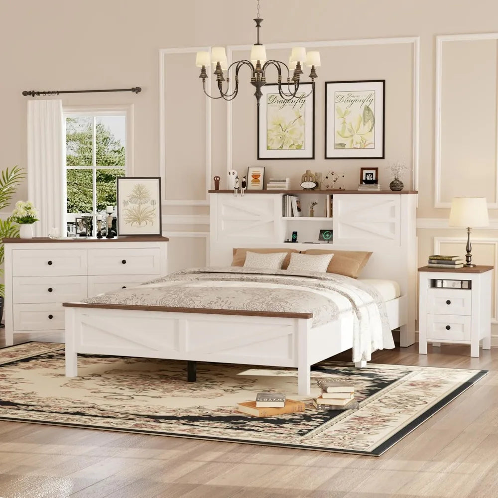 3-Pieces Bedroom Sets Queen Size Farmhouse Platform Bed with Double Sliding Door Storage Headboard, Storage Nightstand and Dress