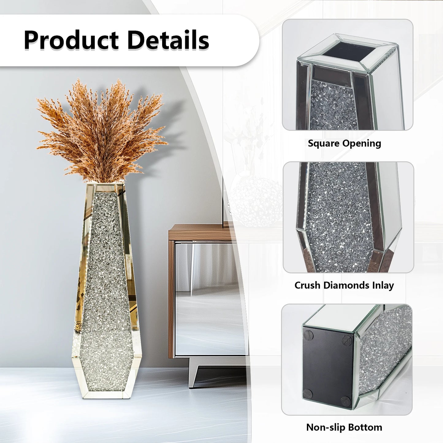 Crushed Diamond Decorative Mirrored Floor Vase for Elegant Decor