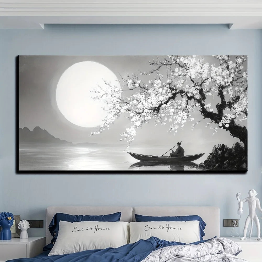 Framed Floral Moon Canvas Wall Art In Pine Wood Frame