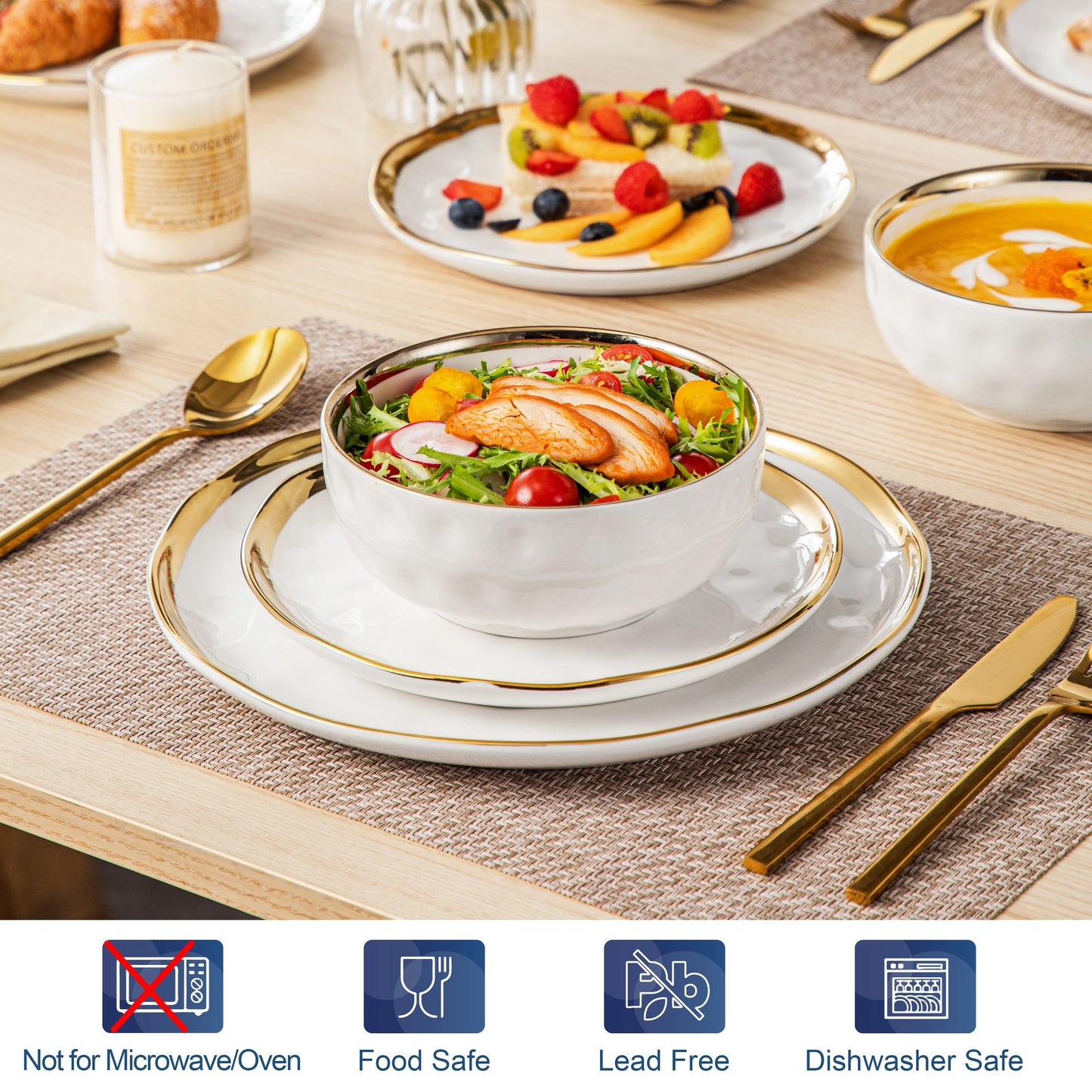 Lovecasa 12 or 24 Ceramic Dinnerware Set White Gold Rim