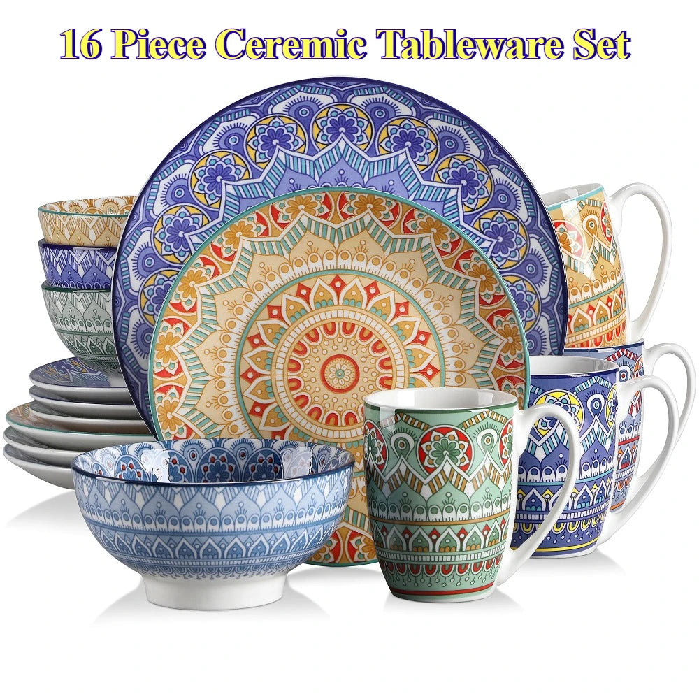 Vancasso Bohemian Mandala Patterned Ceremic Tableware 16PCS Porcelain Dinnerware Set with Dinner Plate Dessert Plate Bowl Mug