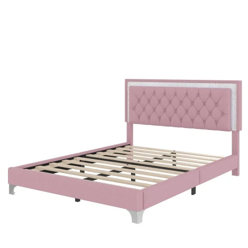 3 Piece Queen Size Upholstered Bed With LED Lights Pink Set