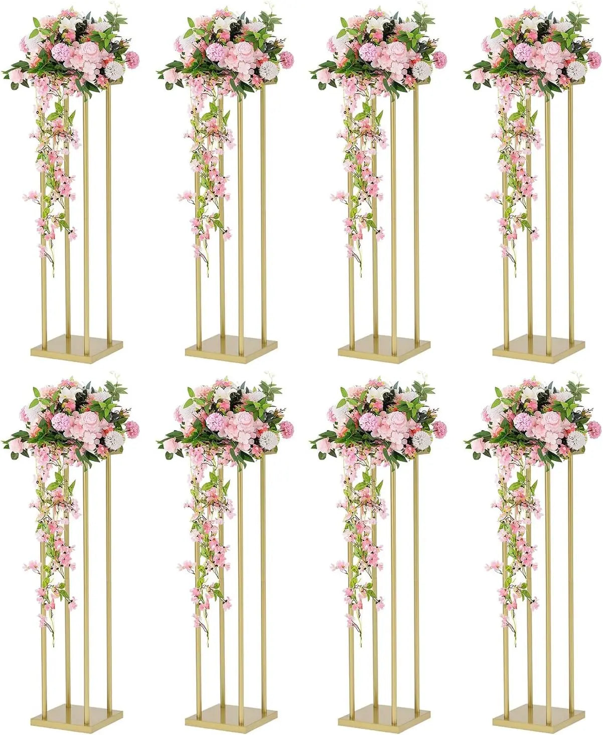 8pcs 31.5inch Rectangular Gold Metal Wedding Flower Stand Vase Geometric Centerpiece Flower Display for Home Party Decorations