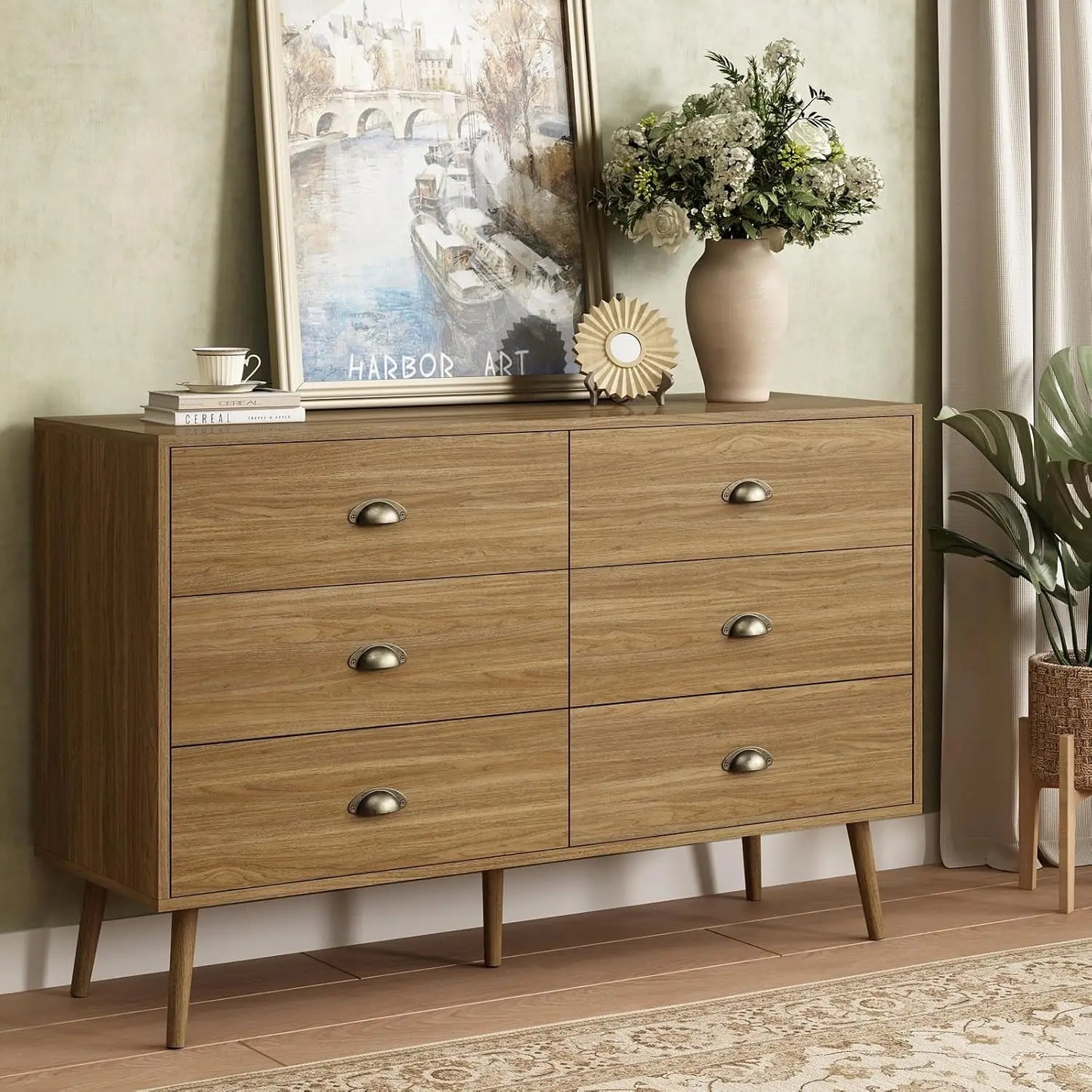 Walnut Brown Dresser for Bedroom, 6 Drawer Dresser with Wide Drawers and Metal Knob, Wood Dressers & Chest of Hallway