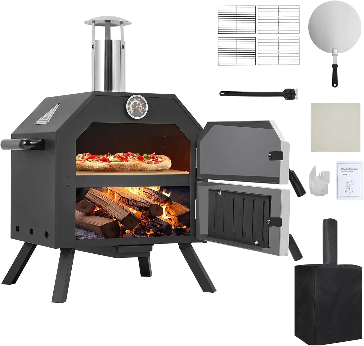 Foldable Legs Outdoor Pizza Oven With Cover 12 Inch Stone