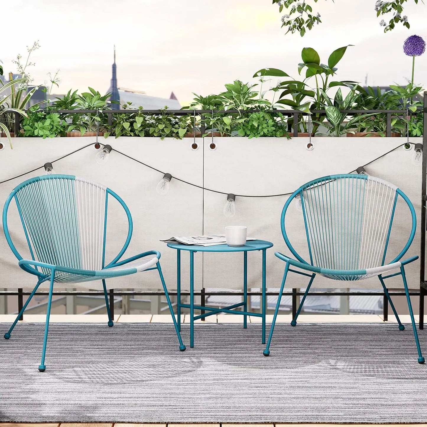 3-Piece Outdoor Acapulco Chair Set, Patio Conversation Low Seat Bistro Sets with Wicker Rope Coffee Table and 2 Chairs