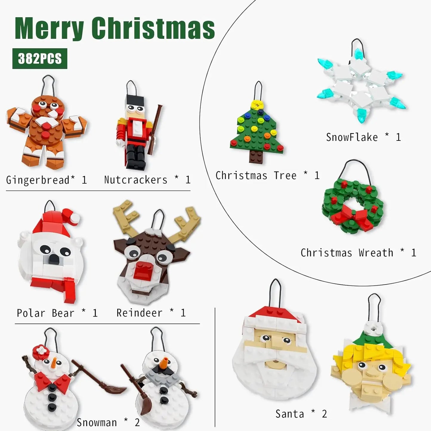 Christmas Ornaments Building Kit, Christmas Tree, Wreath, Santa, Snowman, Gingerbread, Reindeer, Nutcrackers, Snowflake 11-in-1