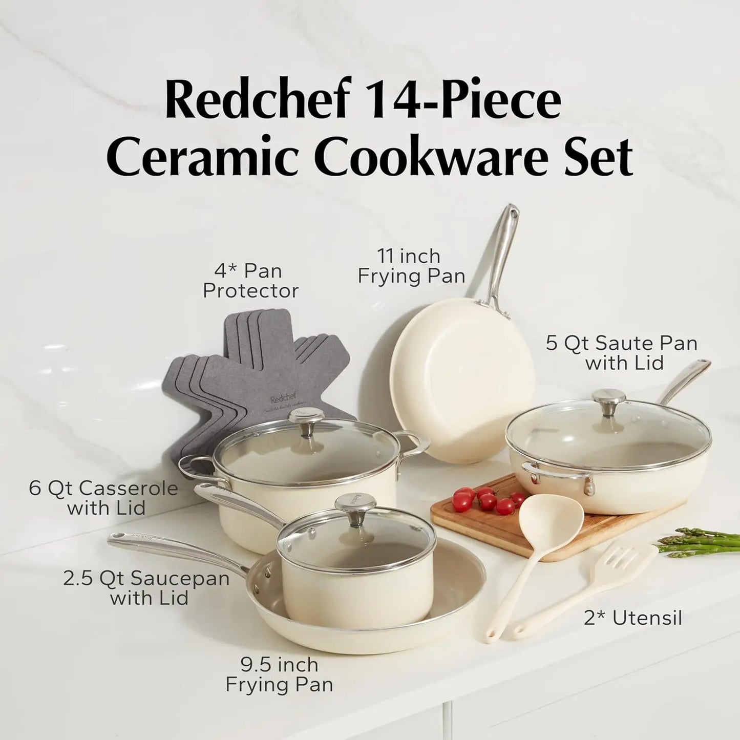 Ceramic Nonstick Cookware Set,14pcs Pots and Pans Set Non Stick,Induction Cookware with Stainless Steel Handle,