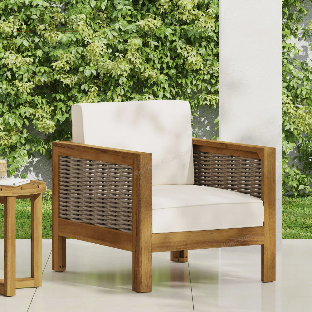 Outdoor Acacia Wood Club Chair with Wicker Accents, Teak Finish ,Mixed Brown,Beige,Patio Furniture Conversation Set for Backyard