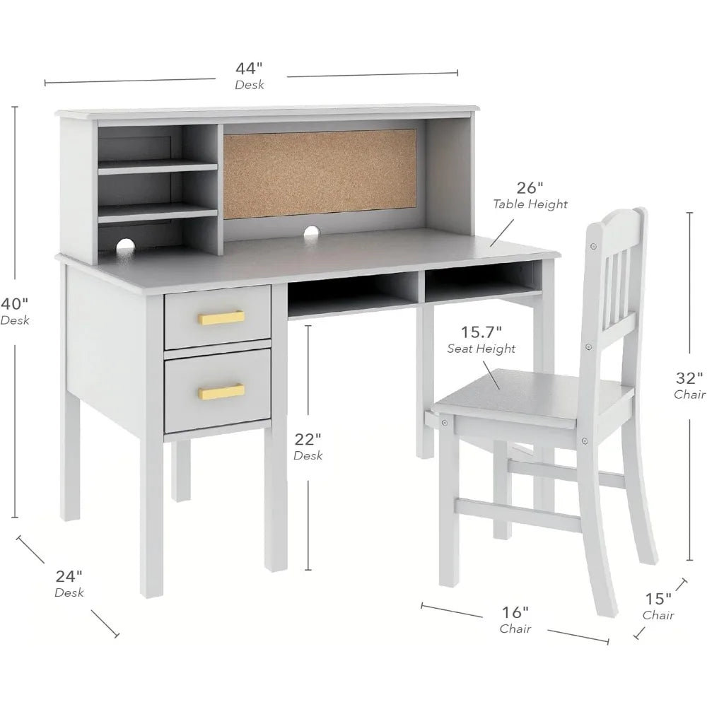 Kids Taiga Desk and Chair Set with Hutch - Gray: Wooden Study Desk with Storage Shelves, Corkboard, and Drawers | Kids Bedroom
