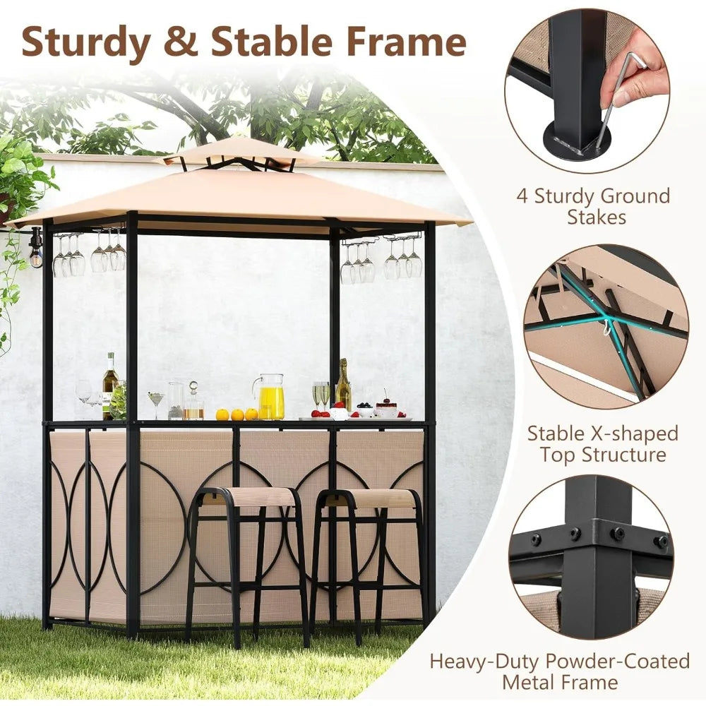 3-Piece Patio Bar Set, Grill Gazebo & 2 Bar Stools with Tempered Glass Bar Table, Metal Storage Shelves, Glass Holders, Double-