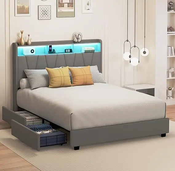 Full Size Bed Frame, Velvet Upholstered LED Platform Bed with Headboard Storage, Bed Frame Full Built-in Charging Station with 4
