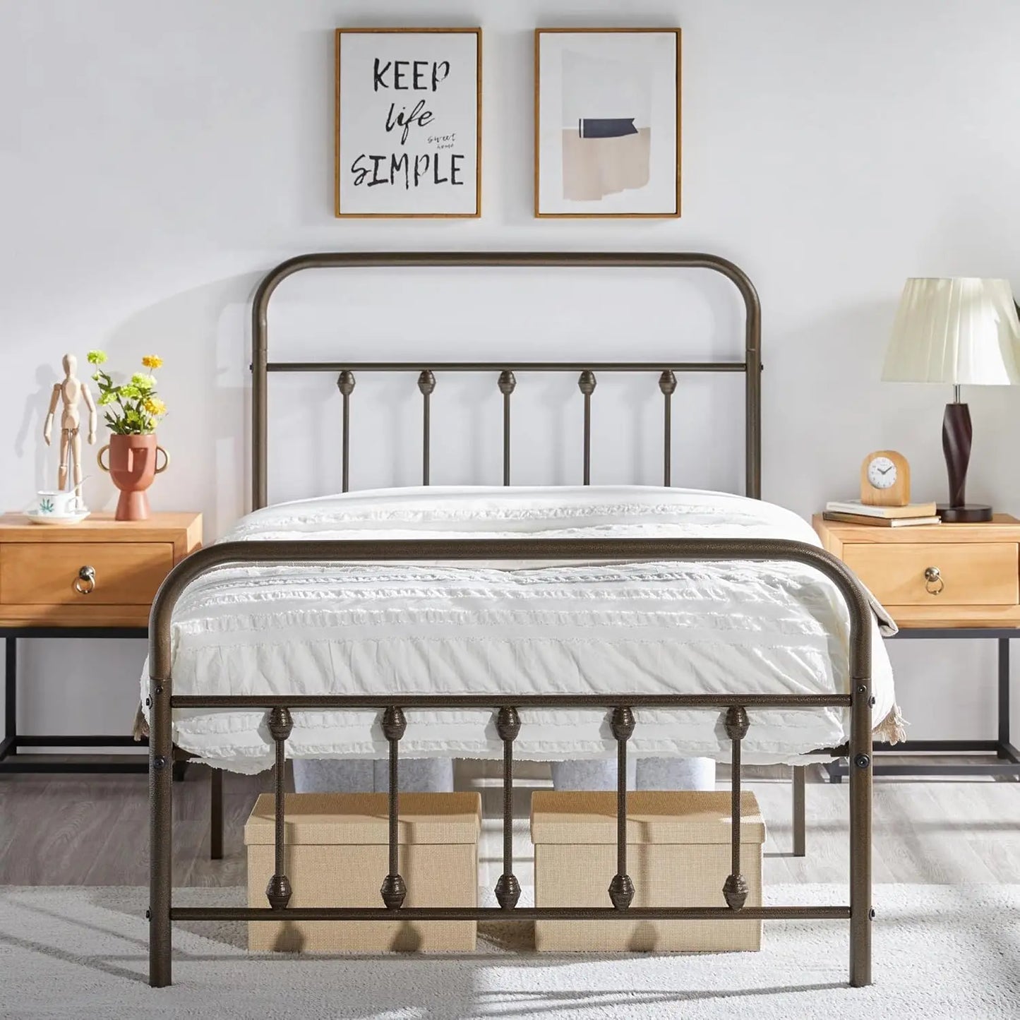 Classic Metal Platform Bed Frame Mattress Foundation with Victorian Style Iron-Art Headboard/Footboard/Under Bed Storage