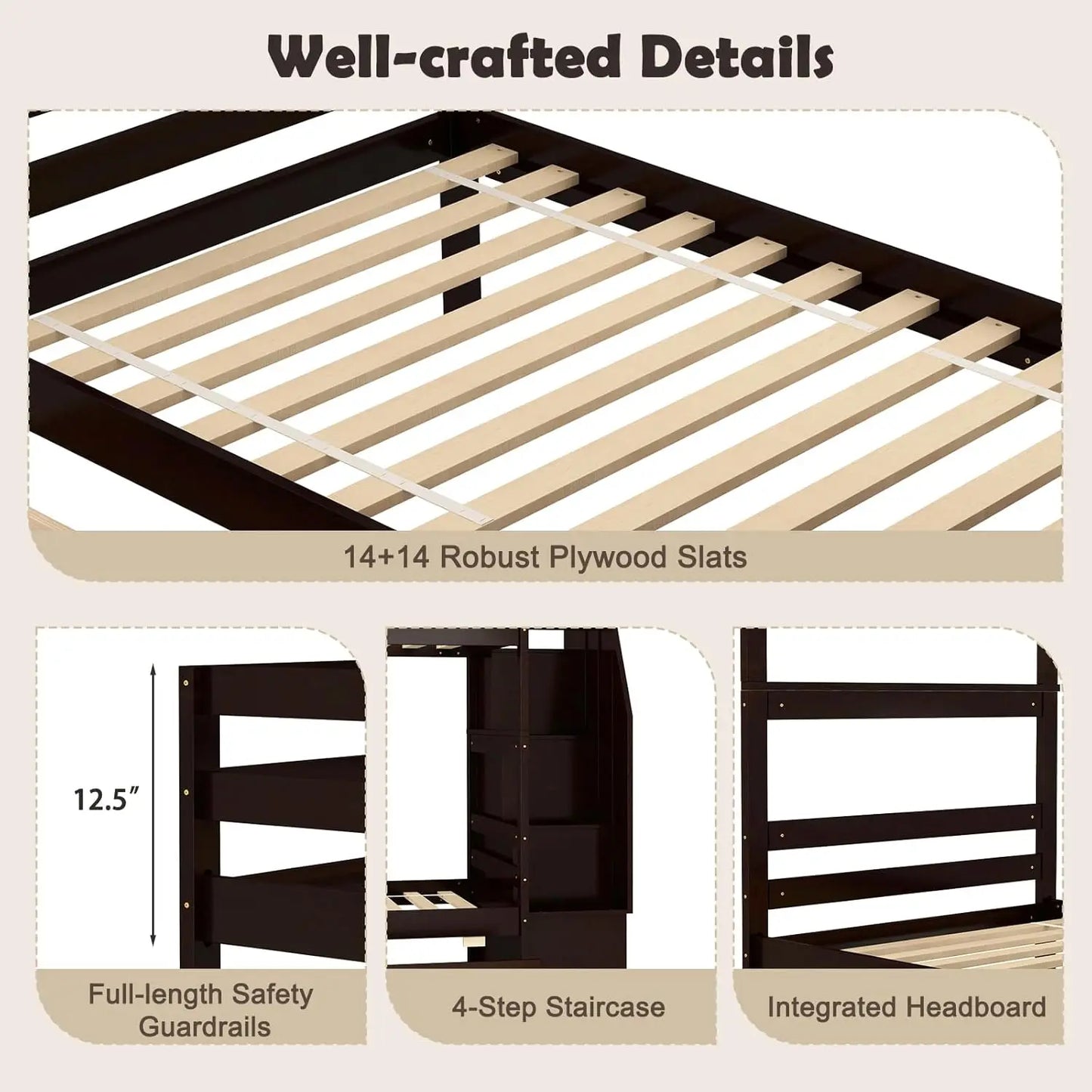 Wood Twin Over Twin Bunk Bed with 2 Storage Drawers & Stairs, Bunk Beds with Safety Guardrail & Shelves,