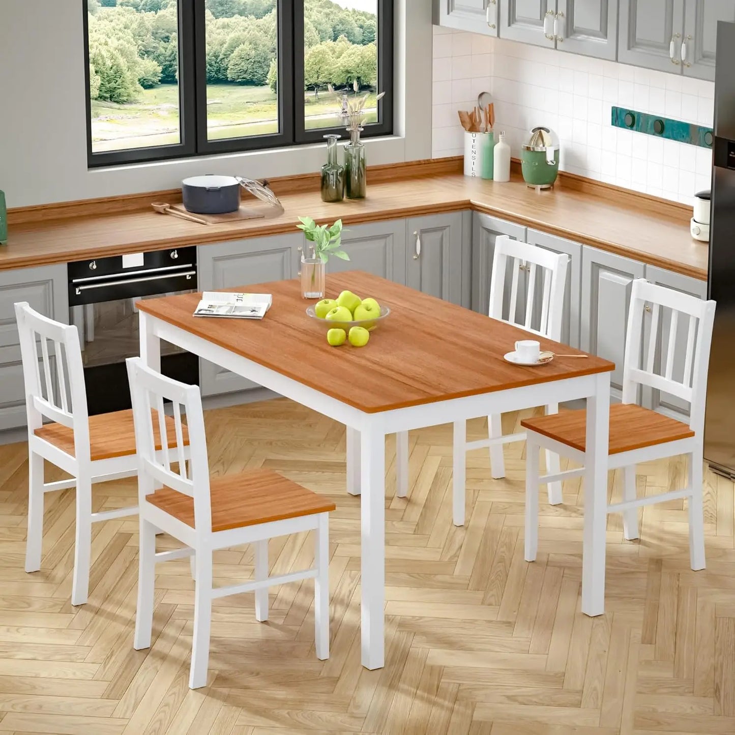 5-Piece Farmhouse Dining Table Set for 4 - Space-Saving Kitchen Dinette Set with 4 Chairs & Rubber Wood Legs