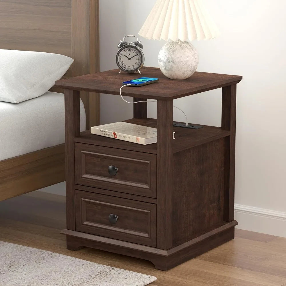 24" Nightstand with Charging Station, End Table with 18W Fast Charge, Side Table with Drawers,Rustic Wood Storage Cabinet with O