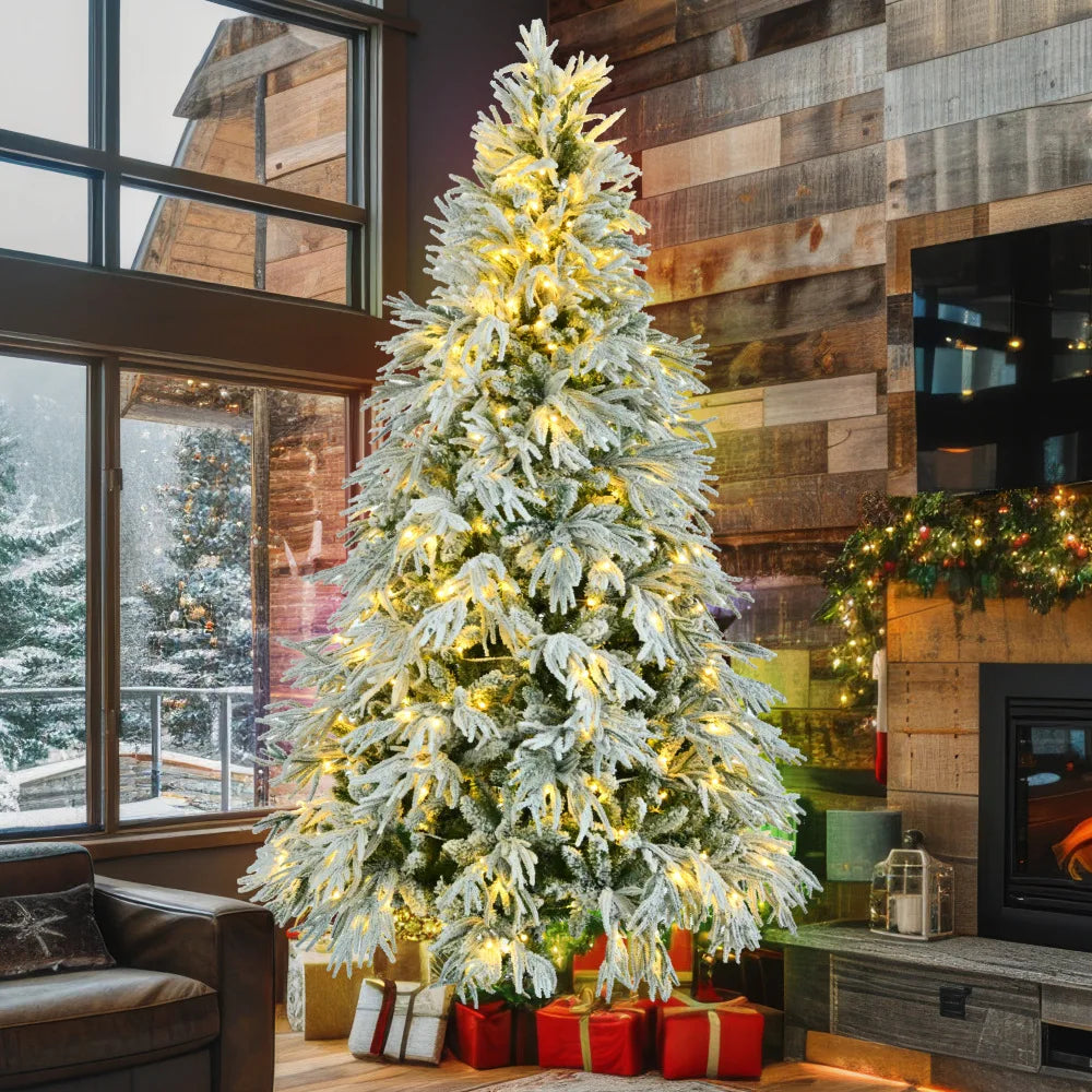 7.5FT Pre-Lit Snow Flocked Spruce Christmas Tree, 350 Multi-Color LED Lights, 8 Modes, 1389 Snow Tips, Hinged.