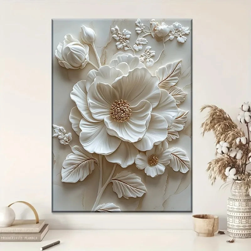 White Flower Pattern Wood Frame Canvas Mural Living Room