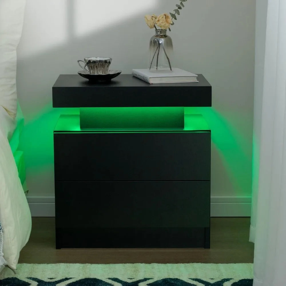 Modern Black LED Nightstand Set of Two for Bedroom