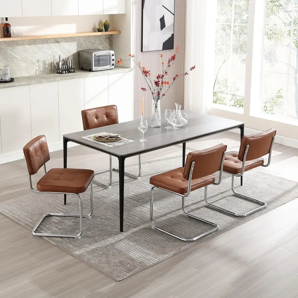 Mid Century Modern Upholstered Leather Dining Chairs, Set of 2 with Stainless Steel and Chrome Legs
