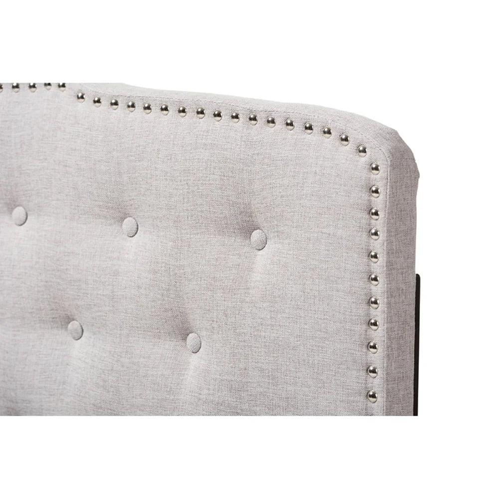 Modern Tufted Fabric Headboard Queen Size Curved Design Upholstered Greyish Beige with Nailhead Trim Adjustable Height Assembly