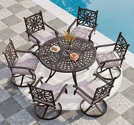 Cast Aluminum Patio Dining Set for 6 Person, 7 Piece Outdoor Patio Set with 54" Dia Cast-Top Aluminum Table(2.1" Umbrella Hole)
