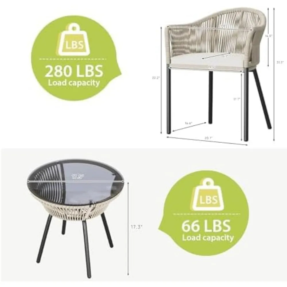 3 Piece Patio Set Outdoor Wicker Patio Chairs with Coffee Table & Cushions Bistro Conversation Set Porch Furniture