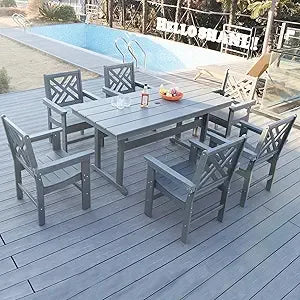 Outdoor HDPE Dining Table Set,7-Piece All Weather Rectangular Wood Grain Patio Table and Chairs with Umbrella Hole for Garden, B