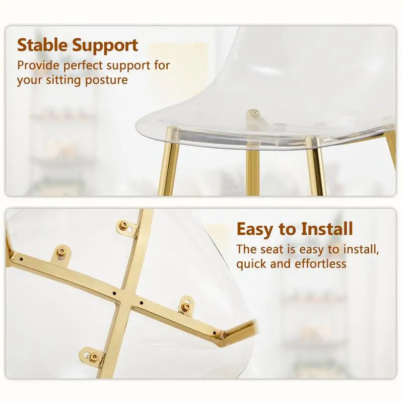 Modern Luxurious Rectangular Glass Dining Table Set with 4 Clear Plastic Chairs and Gold Metal Legs for Comfortable Home
