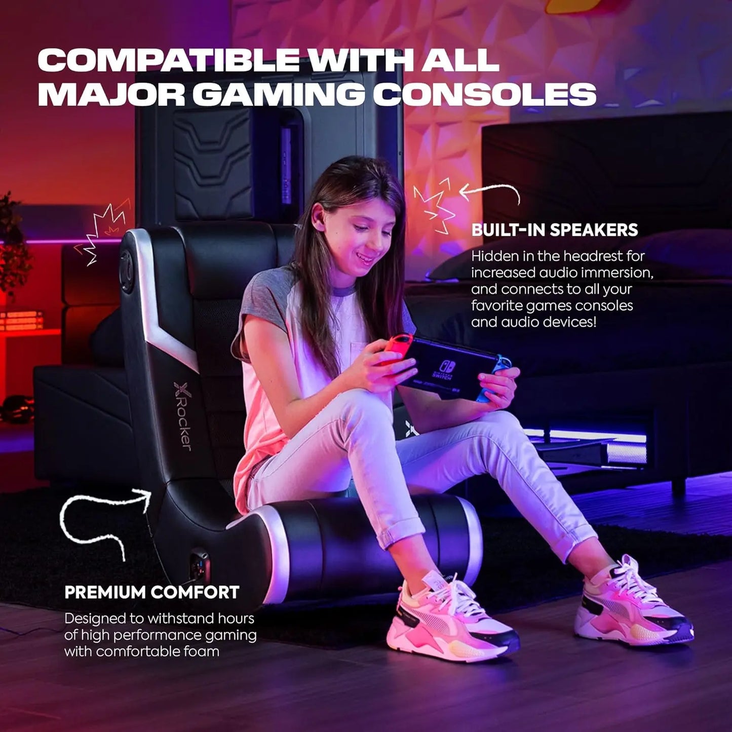 Video Gaming Floor Rocker Chair,Built-in Audio Speakers,Foldable for Bedroom or Game Room,Gifts for Gamers,Boys Girls Teens 5-17